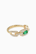 David Yurman Stax Emerald & Diamond Pav Chain Link Ring in 18kt Yellow Gold