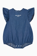 Balmain Logo Romper in Cotton Denim