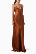 SAINT LAURENT Slip Maxi Dress in Silk Satin & Lace