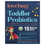 LoveBug Probiotics, Toddler Probiotics, 12 Months Up To 4 Years, 15 Billion CFU, 30 Single Serve Stick Packs, 0.06 oz 1.8 g Each