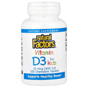 Natural Factors, Vitamin D3 for Kids, Strawberry, 10 mcg 400 IU, 100 Chewable Tablets